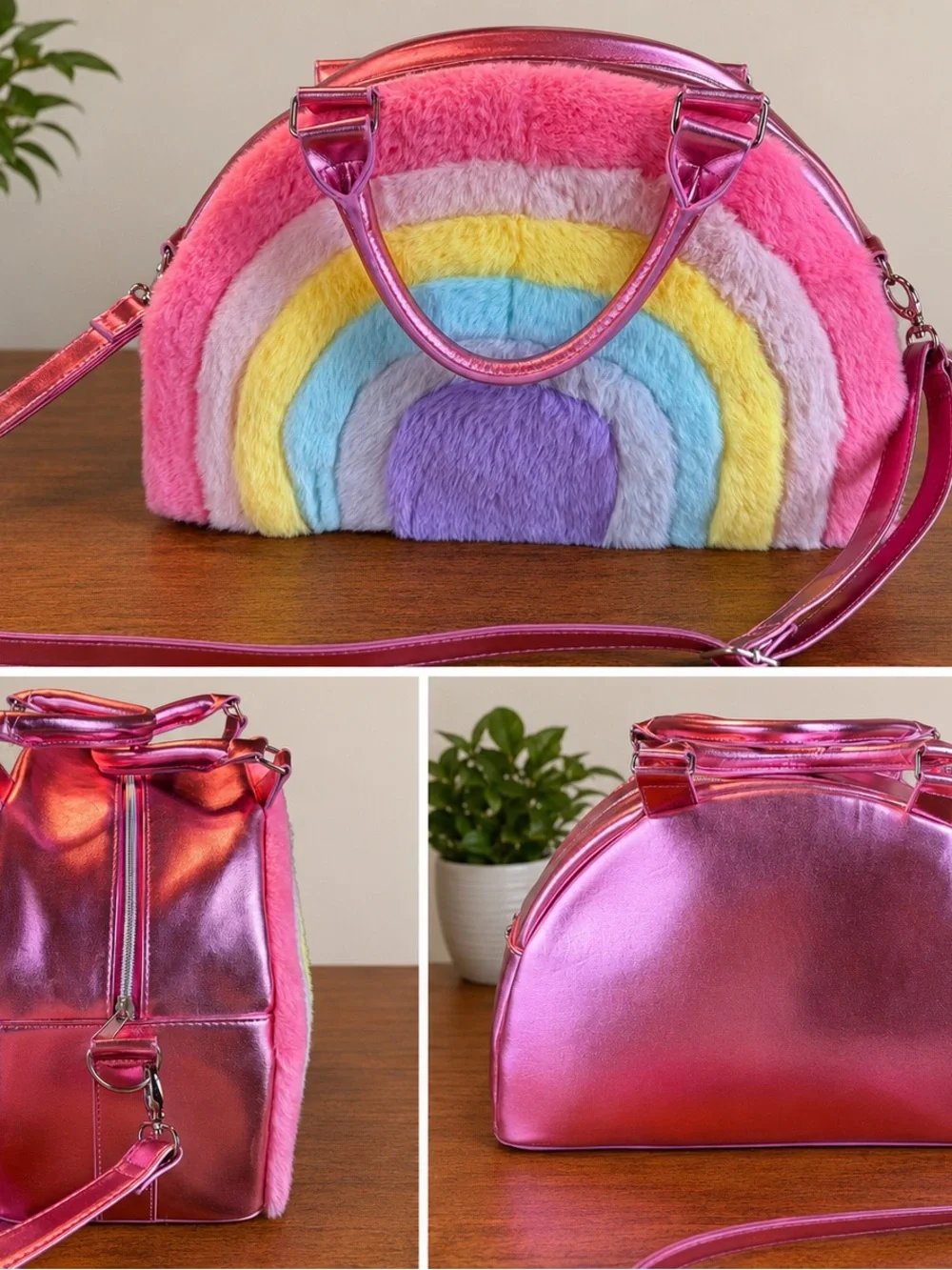 More Than Magic Furry Rainbow Weekender Tote Purse Metallic Pink